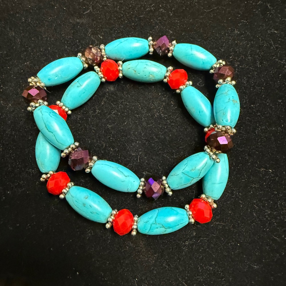 Turquoise Howlite Red Purple Faceted Glass Stretch Bracelet Set Boho 2pc